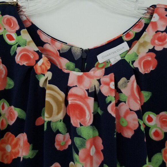 Charter Club Pleated Scoop Neckline Navy Coral Flowered Dress Cap Slv Sz 18 NWT - Picture 4 of 15